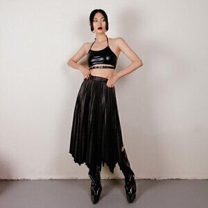 Asymmetrical Pleated Vegan Leather Midi Skirt